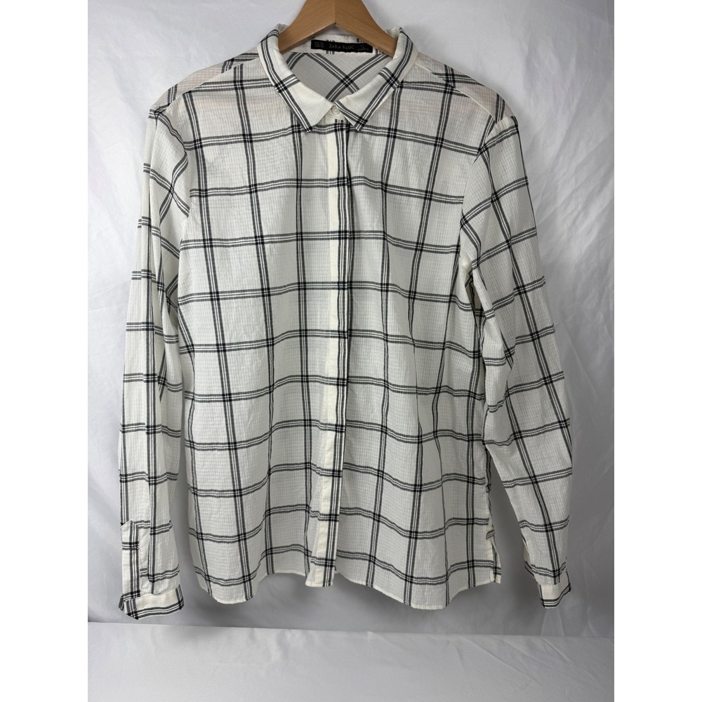 Zara Basic XL Black White Windowpane Plaid Button Up Shirt Long Sleeve